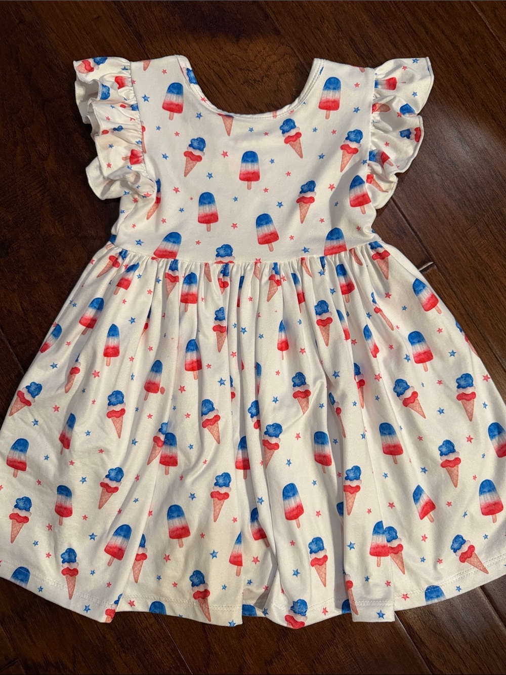 Girls White Summer Dress with Red & Blue Ice Cream Print